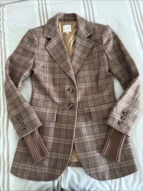 Brown & Tan Plaid Long Blazer Sportcoat with Ribbed Cuffs